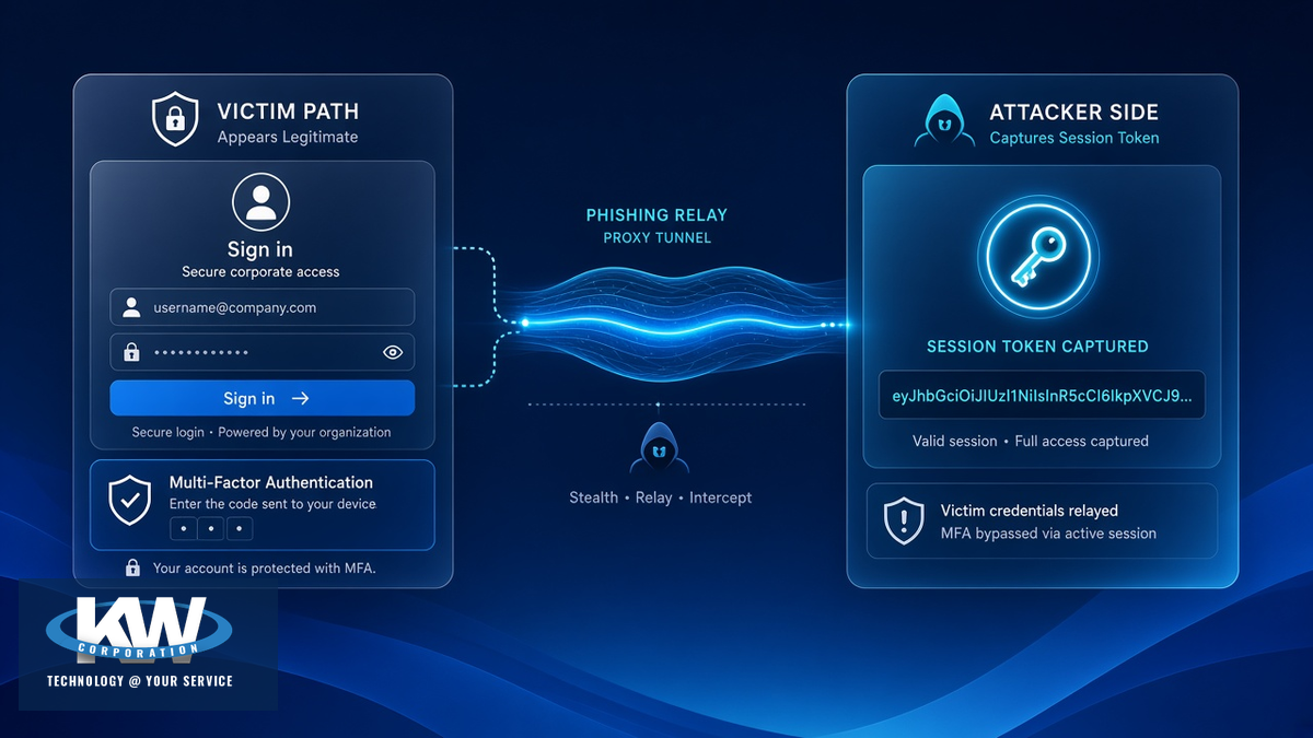 Illustration: AiTM relay sitting between the user and Microsoft sign-in