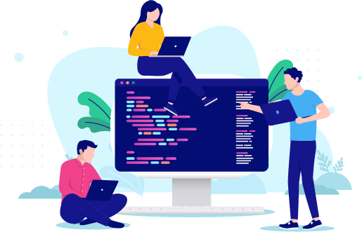 cta2 Illustration of three people working with laptops around a large monitor displaying code