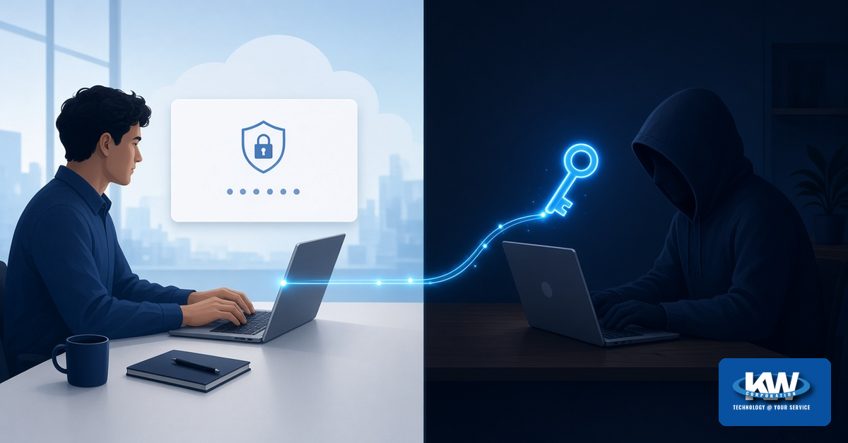 Illustration: an employee enters a short code on a genuine sign-in screen while an attacker elsewhere receives a glowing key