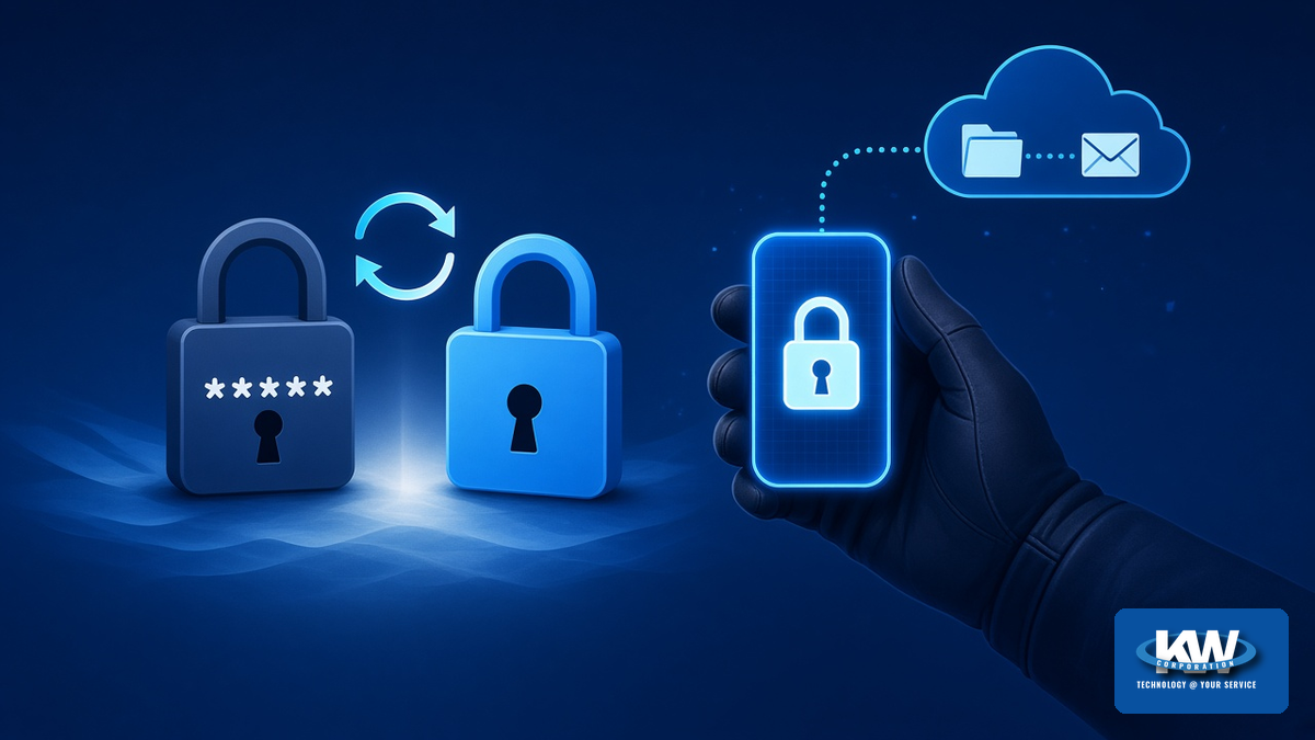 Illustration: a password lock is reset while a separate token stays in an attacker's hand, still connected to mail and files
